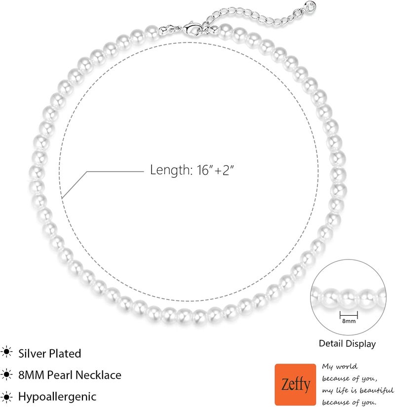 Zeffy Pearl Necklace 8MM Dainty Round Imitation Pearl Choker Necklace Wedding Pearl Necklace Delicate Jewelry for Women Simple Bridesmaid Jewelry Gifts - Image 2